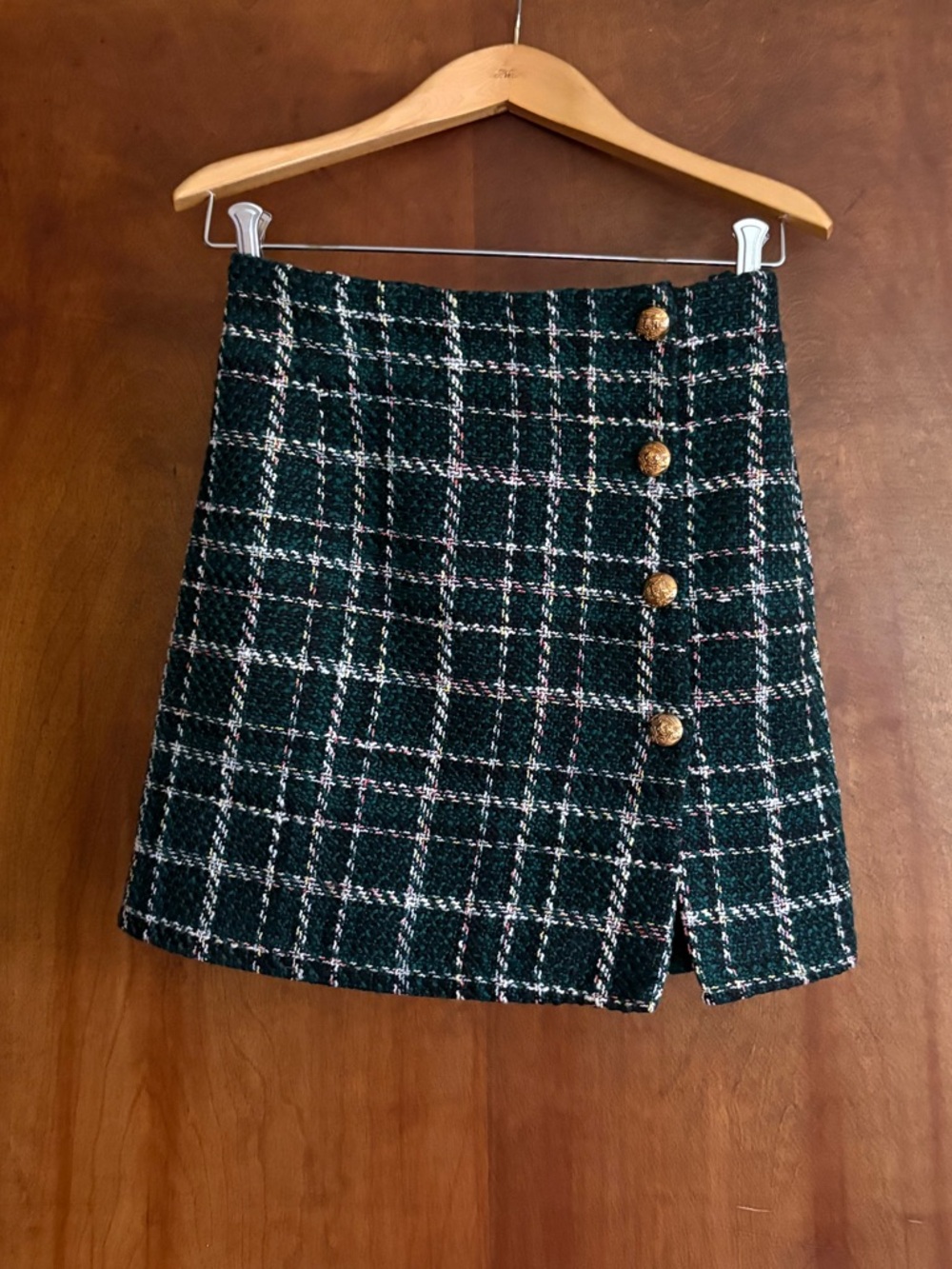 Simplee Green Plaid Tweed Mini Skirt with Gold Buttons